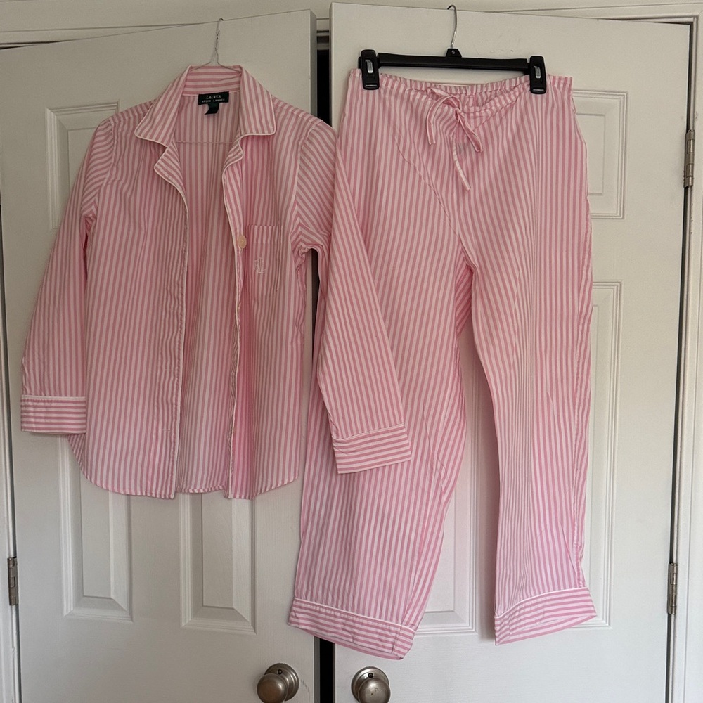 Lauren Ralph Lauren Pink & White Striped Cotton Pajama Set
